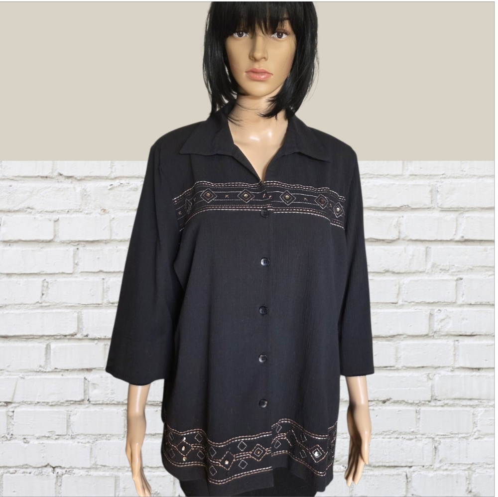 Carroll Reed classic black button Top, embroidered Beaded blouse, size 14